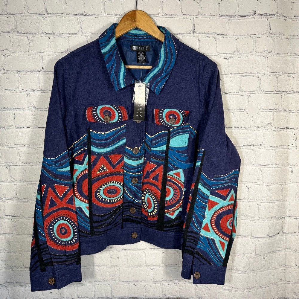 Carole Little Women XL Navy Blue Linen Blend Beaded Geometric Print Jacket NEW